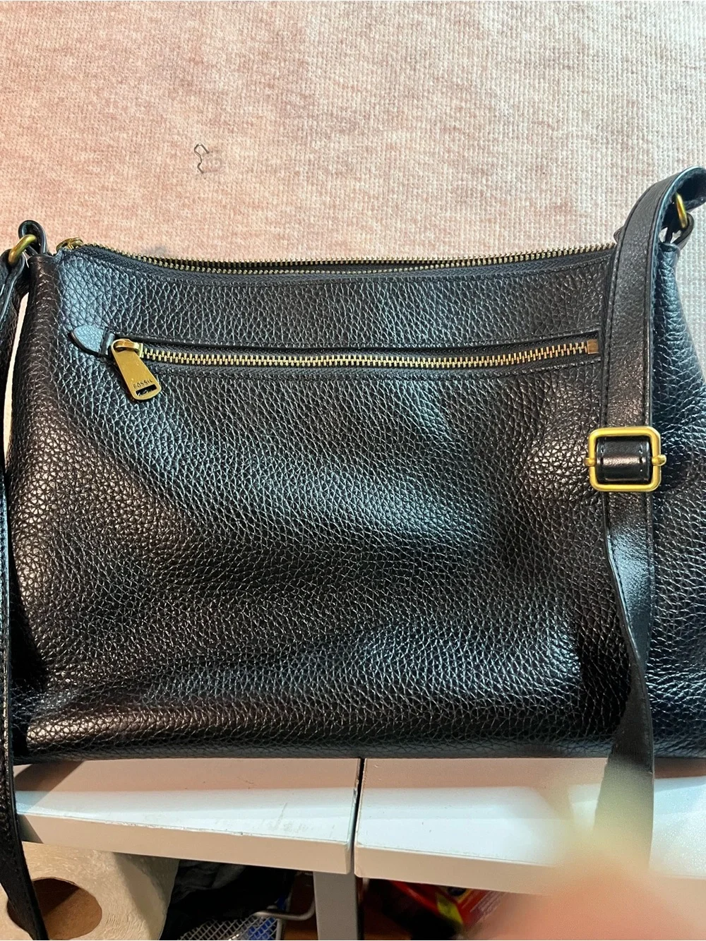 Fossil Black Pebbled Leather Crossbody Bag with Gold Hardware